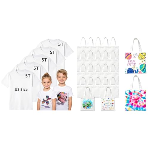 Joyclub Bundle of 5 PCS Toddler Sublimation Blank T Shirts and 24 Pack 8 x 8.75 inch Sublimation Blanks Bulk Mini Tote Bags