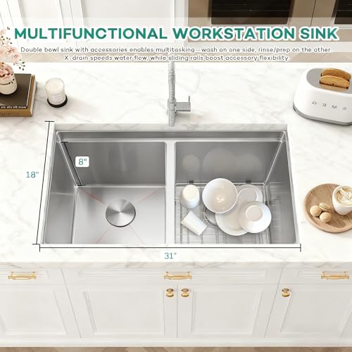 YetCrest Undermount Kitchen Sink Double Bowl 31x18, 16 Gauge Stainless Steel Kitchen Sink, 50/50 Double Kitchen Sinks, 31"x18"x9" Large and Deep Workstation Sinks with Accessories by YetCrest - Image 3