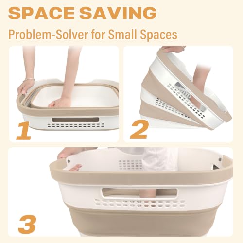 Image of OOAMBB 43L+43L Collapsible Laundry Baskets plastic (Beige, 2 Packs) | Pop Up Laundry hamper /Storage Container, Foldable Laundry Basket with Handles, Durable,Space Saver