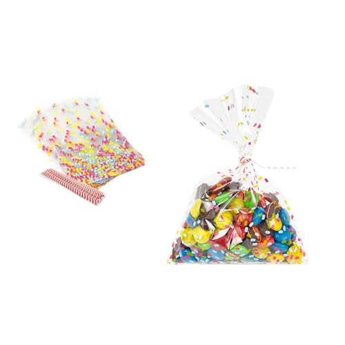 EKAPACKAGING 50Pcs 5x7 Inches Cellophane Treat Bags with Pink Ribbons, Pink Heart Pattern Gift Bags, Small Valentine's Day Goodie Bags for Candy, Marshmallow Pops, Cake Pops, Party Favors