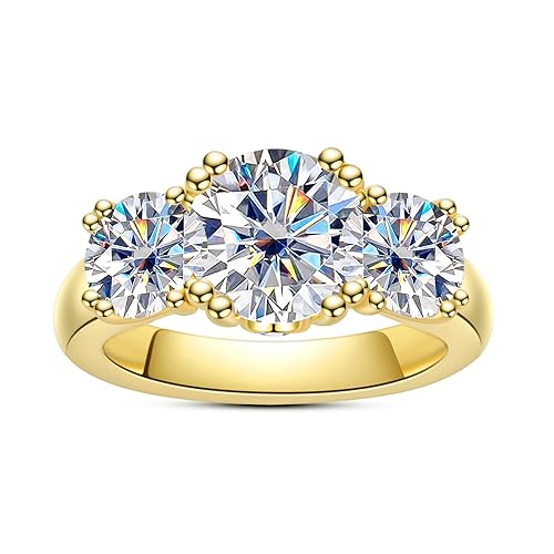 Idocare 3CT/5CT Moissanite Engagement 3 Stone Rings D Color VVS1 Round Cut 14K Yellow Gold Plated 925 Sterling Silver Promise Anniversary Rings for Women