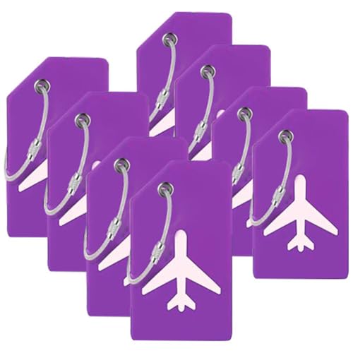8Pack Luggage Tags for Suitcases with Name Id Card, Silicone Backpacks Handbags Tag with Stainless Steel Rings, Purple