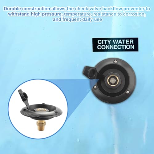Image of RV City Water Inlet Replacement with Check Valve - 3 /4 inch NH Female to 1 /2 inch NPT Male Black Flange - City Water Connection Fill Dish for Camper, Trailer, Marine & Motorhome Plumbing