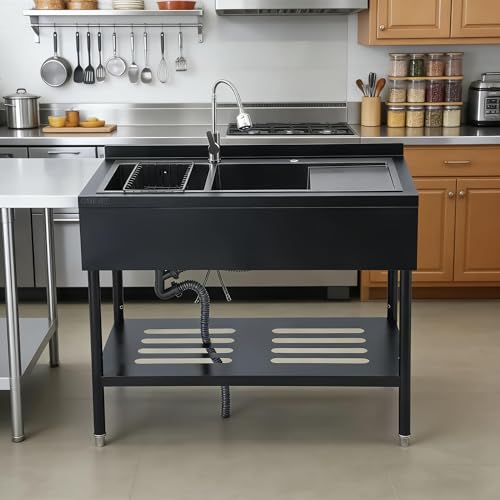 47.5in Black Stainless Steel 2-Compartment Utility Sink with Drainboard & Shelf, Freestanding Double Basin Washing Station for Laundry, Includes Hot/Cold Faucet & Drain by MilleLoom - Image 3