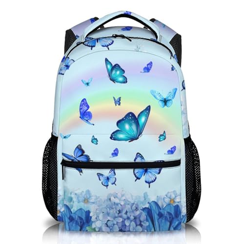 Girls Backpack Kids Butterfly Bookbag Back to School Supplies, 17 Inch Kindergarten Elementary Middle School Bag Girl Age 6-8 (Blue)