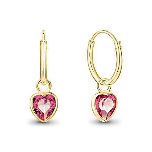 DTPsilver® Boucles d'oreilles PETITES Créoles en Argent Fin 925 Plaqué Or Jaune avec Cristaux de Swarovski® Elements en Forme de Coeur - Diamètre 12 mm - Diamètre 12 mm - Couleur: Rosé