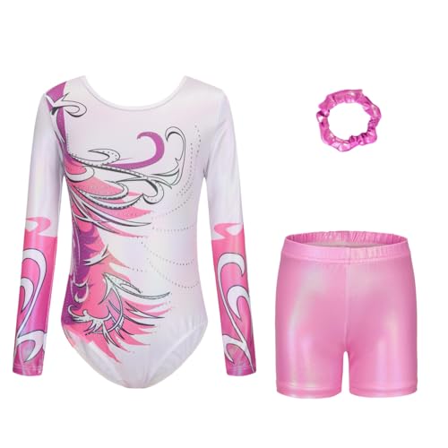 Cucudy Gymnastikanzug für Mädchen, langärmelig, ärmellos, mit Shorts und Stirnband, Farbverlauf, funkelnd, Ballett-Tanzanzug, Gymnastik-Outfit, Geschenk für 5–12 Jahre Mädchen, BLONG PINK, Tag