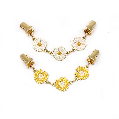 2 Pcs Daisy Sweater Shirt Clips Flower Cardigan Collar Clips Dresses Shawl Clips Brooch Clips for Women Girls White3