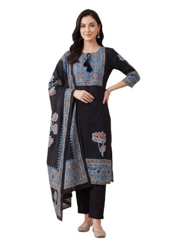 Image of INDO ERA Women's Pure Cotton Abstract Printed Mirror Work Kurta & Pant with Dupatta Set (IEAI13205)|Cotton Suits For Women With Dupatta