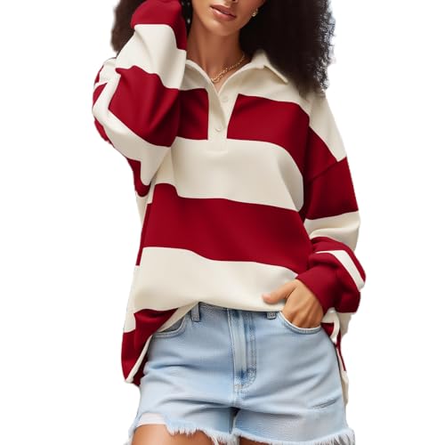 JINZIYINZI Rugby Polo Shirts for Women Long Sleeve Vintage Striped Oversized Sweatshirts Y2k Classic Stripes Color Block Pullover Tops