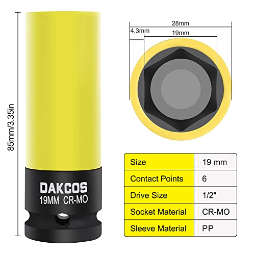 DAKCOS 19mm Impact Socket Set - 1/2 Inch Drive, 6 Point Cr-Mo Metric Protective Lug Nut Socket with Plastic Sleeve - Image 2