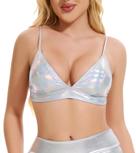 Vinaderhom Womens Metallic Crop Tops Shiny Bralette Rave Bra Triangle Bikini Swimsuit Top Holographic S