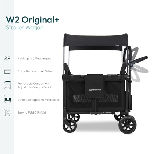 Image of WONDERFOLD W2 Original + Stroller Wagon (2 Seater) - Collapsible Wagon Stroller with Seats with 5-Point Harnesses, Easy-Access Door, and Adjustable Sun Canopy, Black