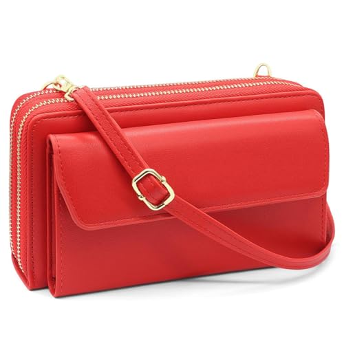 Image of Women Leather Wallet Crossbody Shoulder Bag with Double Zipper and Mobile Phone Purse with Shoulder Strap