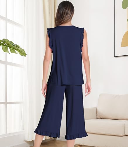 Image of NACHILA Bamboo Viscose Pajamas for Women Pleated Ruffle Tank Top Pjs Set