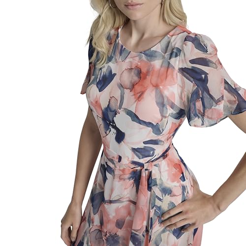 Image of DKNY Women's Flutter Sleeve Round Neck Waist Tie Midi Dress