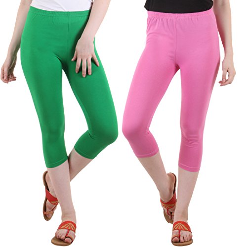 Image of DIAZ Women Cotton Stretchable Capri | Slim /Regular Fit | Breathable Yoga, Gym & Lounge Wear | High-Waist Stretchable 3 /4 Length Leggings with Wide Waistband - Pack of 2