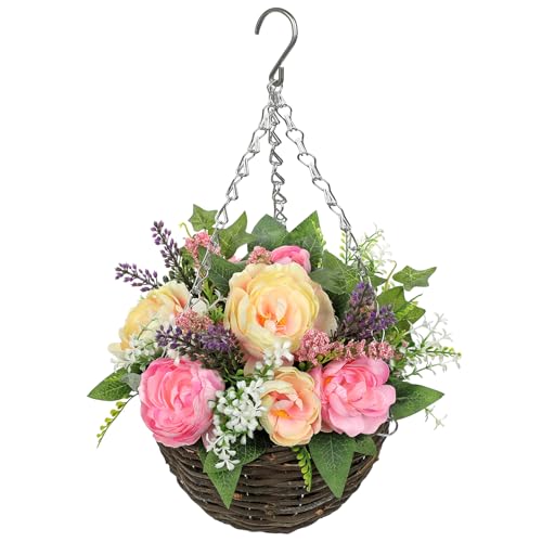 GnFlus Artificial Hanging Flowers in Basket for Garden Decoration,Faux Silk Rose Lavender in Planter Realistic for Outside Home Wedding Porch Balcony Yard Decor 17.7'