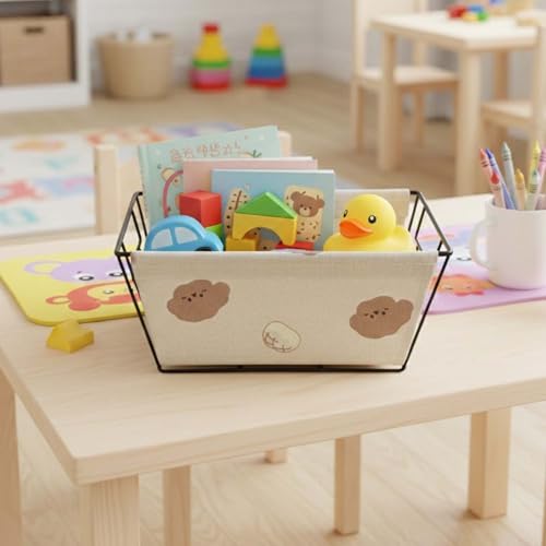Image of Go Hooked Metal Storage Basket with Removable Fabric Liner | Cute Bread & Bear Print Multipurpose Organizer for Home, Bathroom, Kids Room & Desk | Decorative Wire Basket for Fruits, Toys, Snacks