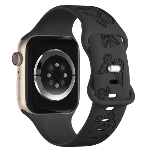 Image of Butterfly Engraved Bands Compatible with Apple Watch Band 41mm 40mm 38mm 49mm 46mm 49mm 46mm 45mm 44mm 42mm Women, Silicone Sport Strap for iWatch Series SE 10 9 8 7 6 5 4 3 2 1 SE Ultra