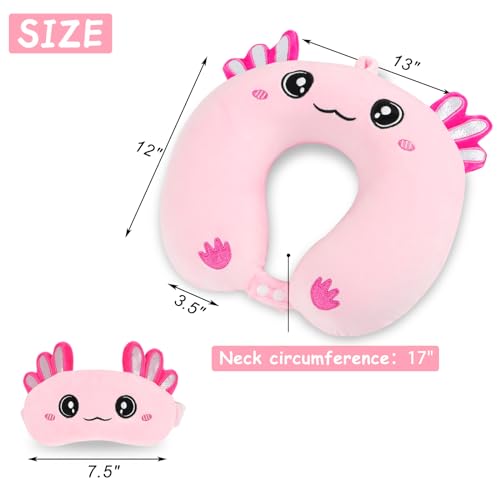 Image of Travel Pillow, Kids Travel Pillow with Sleep Eye Mask Soft Memory Foam Kids Neck Pillow for Boys & Girls, Travel Accessories for Car Airplane Traveling - Axolotl