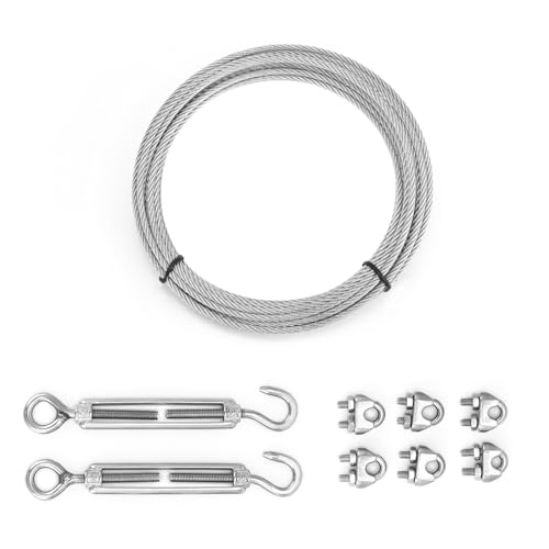QWORK® 5M Câble en Acier Inoxydable 304, 3 mm Câbles Acier Suspendre Kit avec Tendeur M5, pour Clôtures, Cordes à Linge