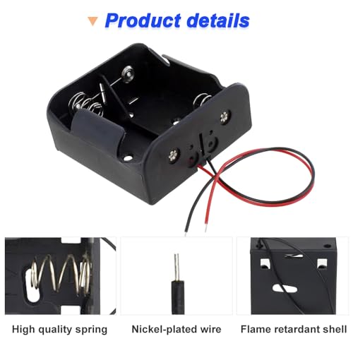 HAAMNING7 D Zellen Batteriehalter mit 2 Steckplätzen und zwei Drähten, 70 x 70 mm, 3 V D Batteriegehäuse mit Kabeln, mit Krokodilklemmen (4er Pack)