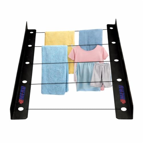 Image of Cloth Drying Wall Mount Stand | with 5 Rows for Balconies, Terrace I Indoor & Outdoor Use I Space Saving I Metal Black I (Cloth Drying Bracket)