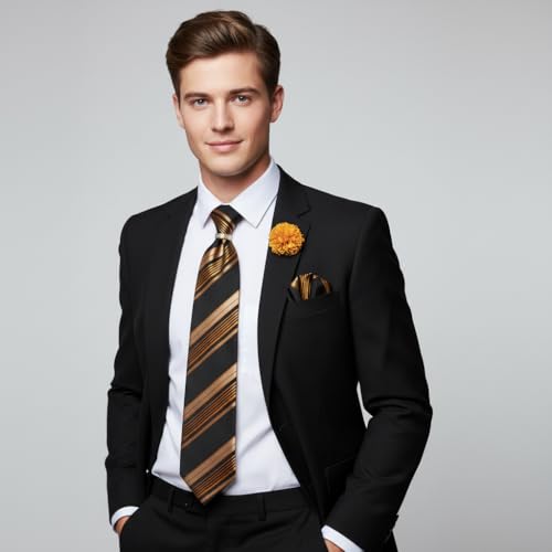 Image of 5PCS Mens Premium Silk Tie, Pocket Square, Cufflinks, Drilled Tie Ring and Lapel Pin Set for Wedding Groom Party