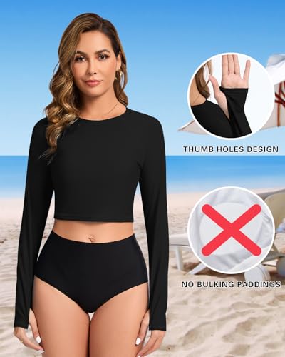 Soneven Women Rash Guard Long Sleeve Crop Top Swim Shirts UPF 50+ Sun Protection Swimsuit Top No Bottom2