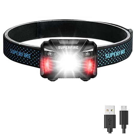 SuperFire HL06 Frontal Led Recargable, 500 Lúmenes Control de Sensor de Movimiento, Luz Frontal Cabeza Luz Roja, 5 Modos Linterna Frontal Impermeable USB, Correr, Camping, Bicicleta, Pesca