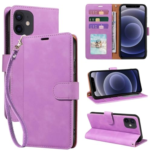 JHWVVTF Wallet Case for iPhone 12 Mini 5.4 inch, RFID Blocking 3 Card Slots Holder, Wrist Strap, Shockproof Protective Stand Soft Leather Folio Flip Phone Cover (Purple)
