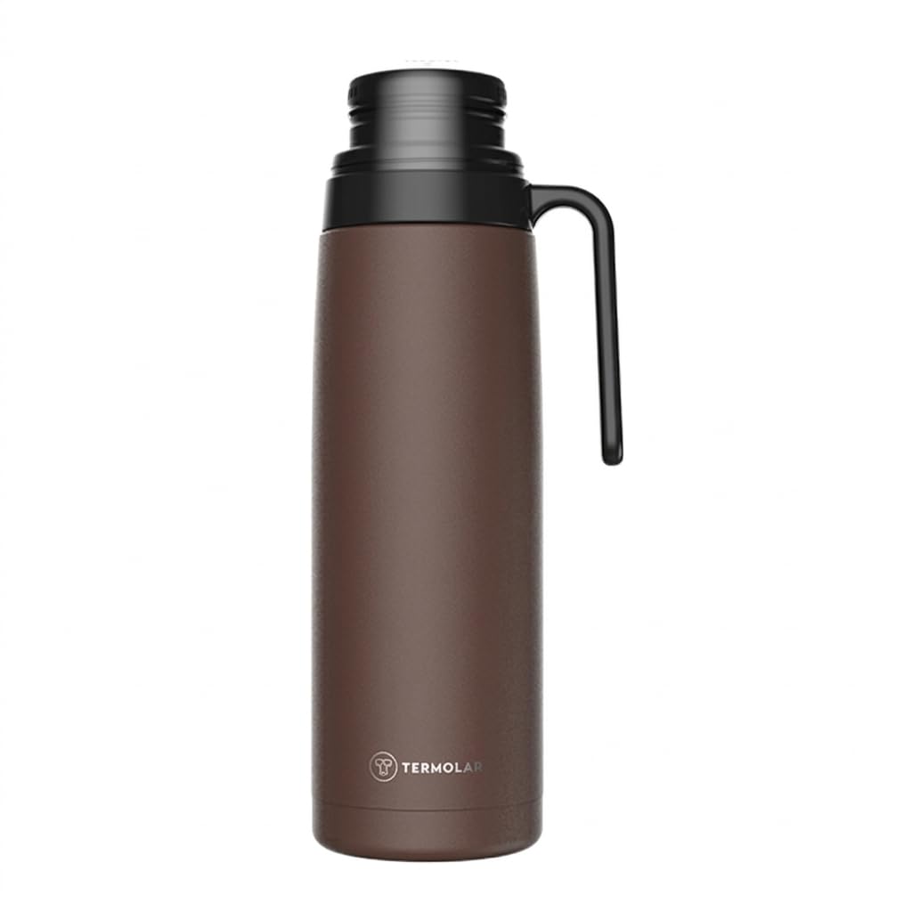 R-Evolution Thermos avec bec amorceur pour mat et poignée Marron 1 l | Bouteille isotherme de voyage en acier inoxydable 304 avec rétention thermique 20 h / 36 h froide