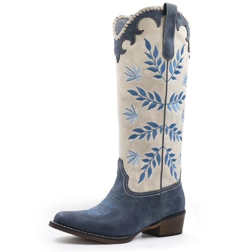 GPXGPX Womens Cowboy Boots Leaf Embroidered Pull on Knee High Round Toe Comfortable Chunky Heel Western Cowgirl Riding Blue Boots Size 6.5