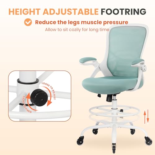 Image of HYLONE Drafting Chair Tall Office, Ergonomic Standing Desk Stool Adjustable Drafting Chair Big Tall Drafting Office Chair Blue