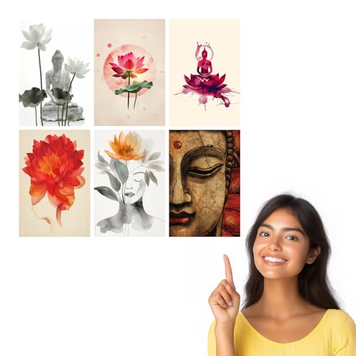Image of SiddArtify Serene Buddha - Lotus Flower Art Print Set - 300GSM Board - 12x18 Inch - Pack of 6 Wall Room Decoration art Poster Prints