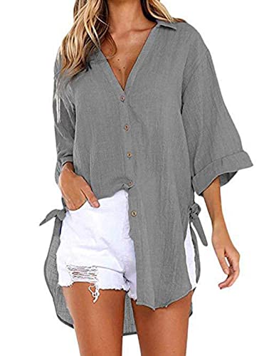 Image of Bozanly V Neck 3 /4 Sleeve Button Shirts Summer Beach Blouse Tops for Women