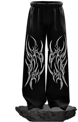 Mens Black Printed Track Pants Polycotton Y2K Street Baggy Joggers Drop Crotch Sports Casual Daily