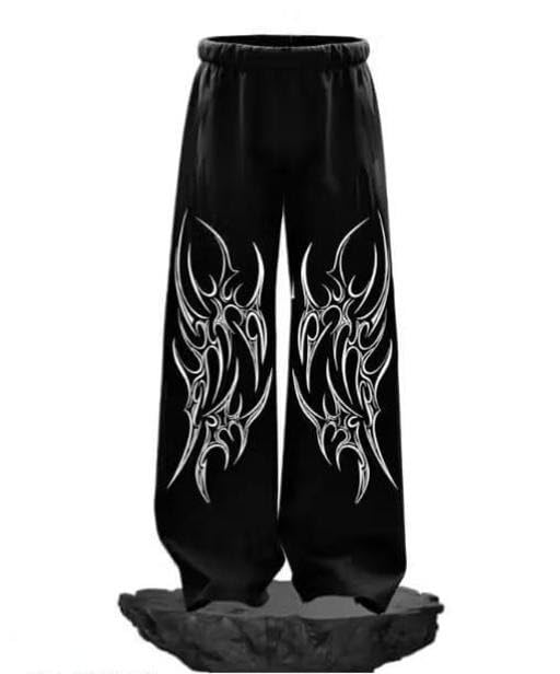 Mens Black Printed Track Pants Polycotton Y2K Street Baggy Joggers Drop Crotch Sports Casual Daily-image-23