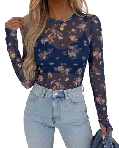 CHICME Womens Mesh Long Sleeve Top Sheer Going Out Shirt-Dark Blue-M