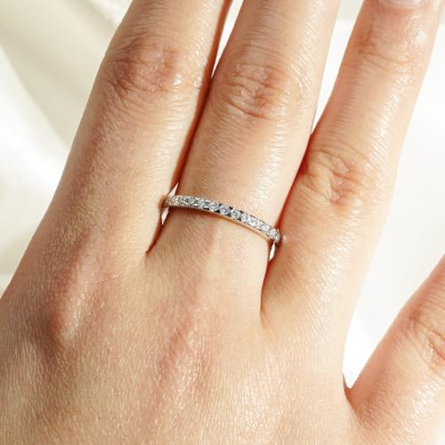 MSBLUE 2MM Moissanite Wedding Ring Band, Classic French Pave Eternity Band, 14K White Gold Vermeil, Rhodium Finish3