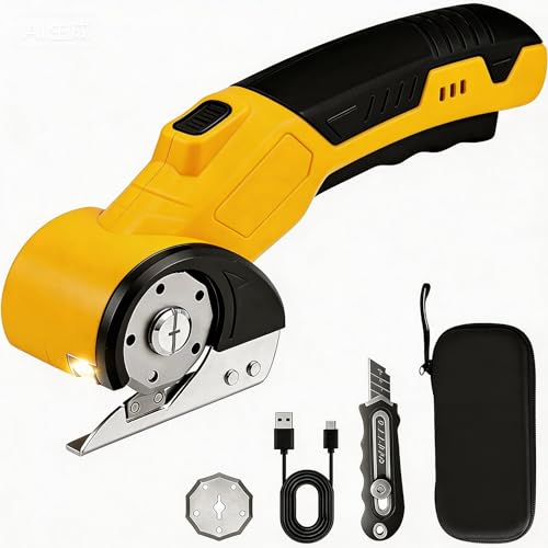 Image of AYP 4.2V Cordless Electric Scissors, Fabric Leather Plastic Cutter Machine, Rotary Utility Knife for Carpet Cardboard Craft Cutting with Storage Box(Yellow)