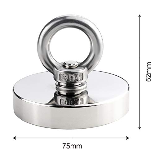 DIYMAG Super Strong Neodymium Fishing Magnets, 600 lbs(272 KG) Pulling Force Rare Earth Magnet with Countersunk Hole Eyebolt Diameter 2.95 inch(75 mm) for Retrieving in River and Magnetic Fishing