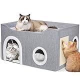 Foldable Cat House, 2-Layer Large Soft Cat Bed Cave Cube with Scratching Board, Hideaway and Fluffy Ball, Grey - Image 1