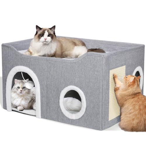 GDGZT Cama para gatos de interior, casa dobrável para gatos com camas cúbicas, cama grande e macia para gatos com tábua de raspar para gatos, esconderijo coberto para gatos e cães pequenos, 23 x 15 x