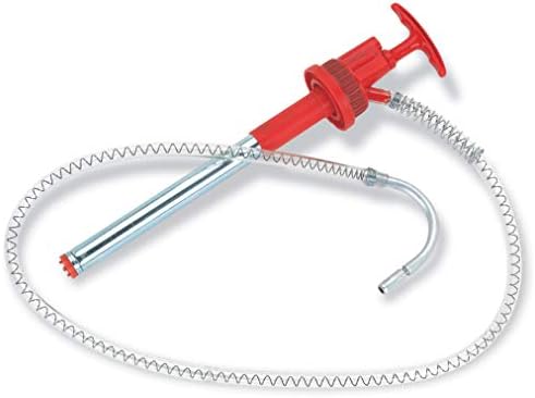 LUMAX LX-1336 Red Plastic Bucket Pump with Flex Hose and Non-Drip Nozzle. 5-6.5 Gallon (20-25 L) Capacity. Self-Priming, Push-Down Action Pump. Discharge Capacity: 3 Fluid Ounces per Stroke.