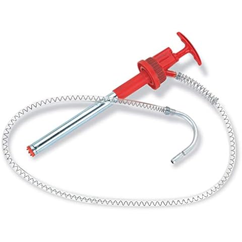 LUMAX LX-1336 Red Plastic Bucket Pump with Flex Hose and Non-Drip Nozzle. 5-6.5 Gallon (20-25 L) Capacity. Self-Priming, Push-Down Action Pump. Discharge Capacity: 3 Fluid Ounces per Stroke. Cover