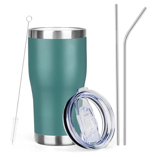 MEZMUT 20oz Coffee Tumbler with Lid and Straw Double Wall Vacuum Insulated Cup Stainless Steel Travel Mugs Insulated for Hot and Cold Leakproof Powder Coated Tumbler for Indoor and Outdoor(Deep Green)