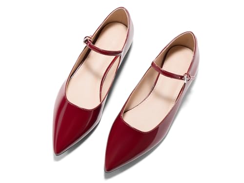 Coutgo Womens Mary Jane Flats Closed Pointed Toe Ballet Flats Ankle Strap Work Dress Shoes Burgundy Size 8