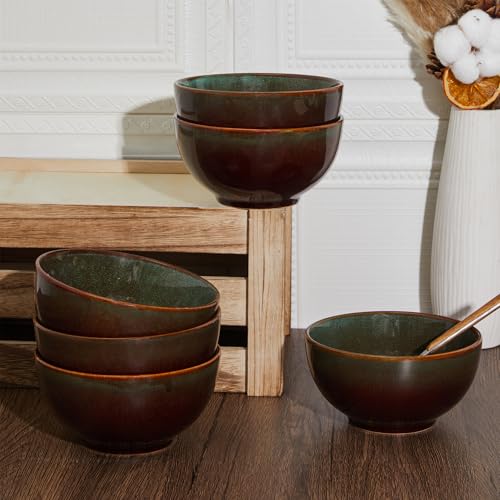 Image of 5.5 inch Stoneware Cereal Bowls Set of 6, 22 Oz Soup Bowls Set | Reactive Glaze Cereal Bowls Set for Cereal Soup Snacks, Kitchen Bowls for Meal, Dishwasher & Microwave Safe, Brown and Green
